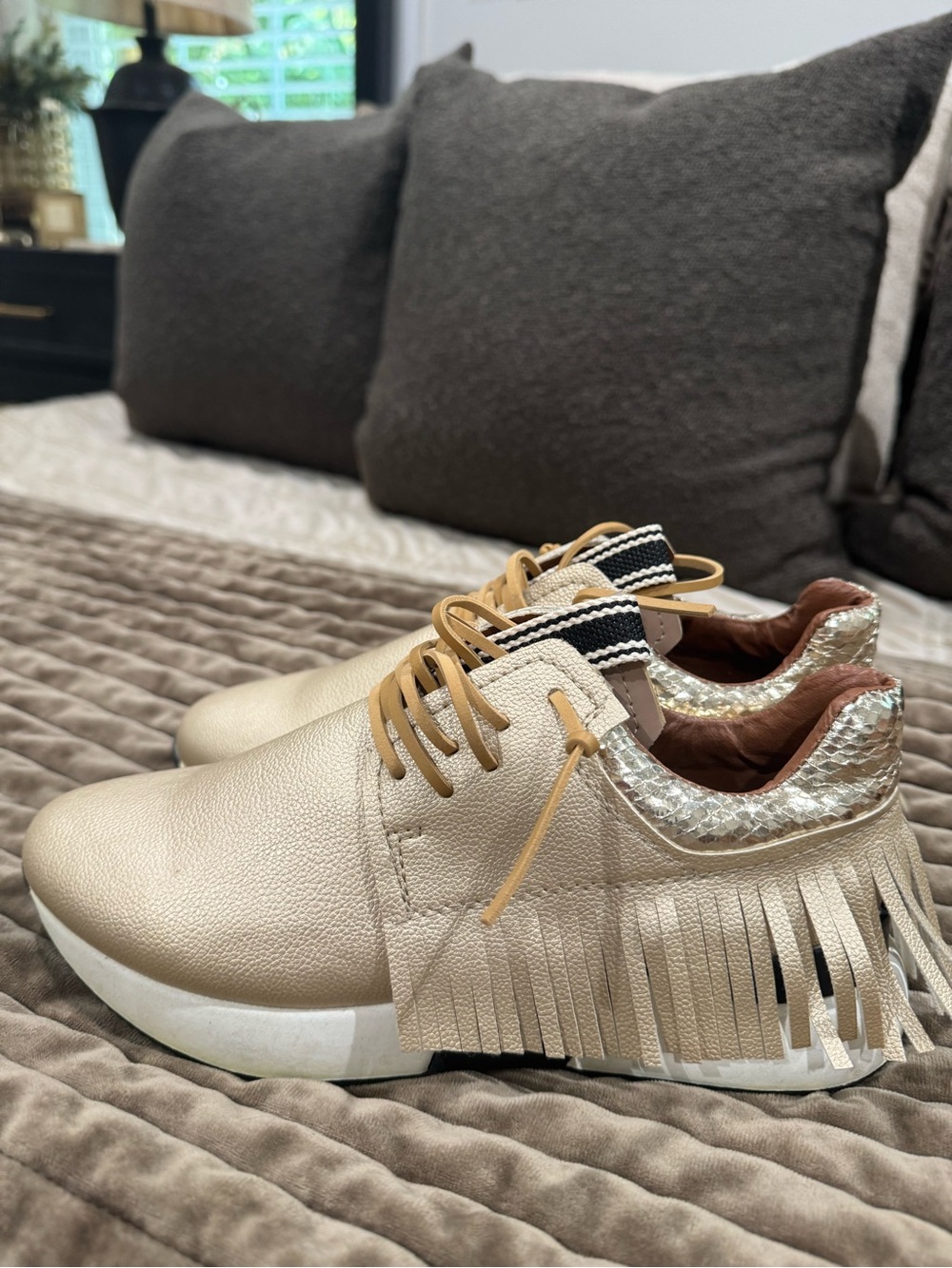 ShuShop Cream Fringe Lace-Up Sneakers with Metallic Trim